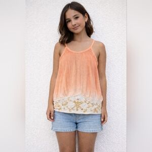 Free People Peach Ombre Tank with Floral Embroidered Hem